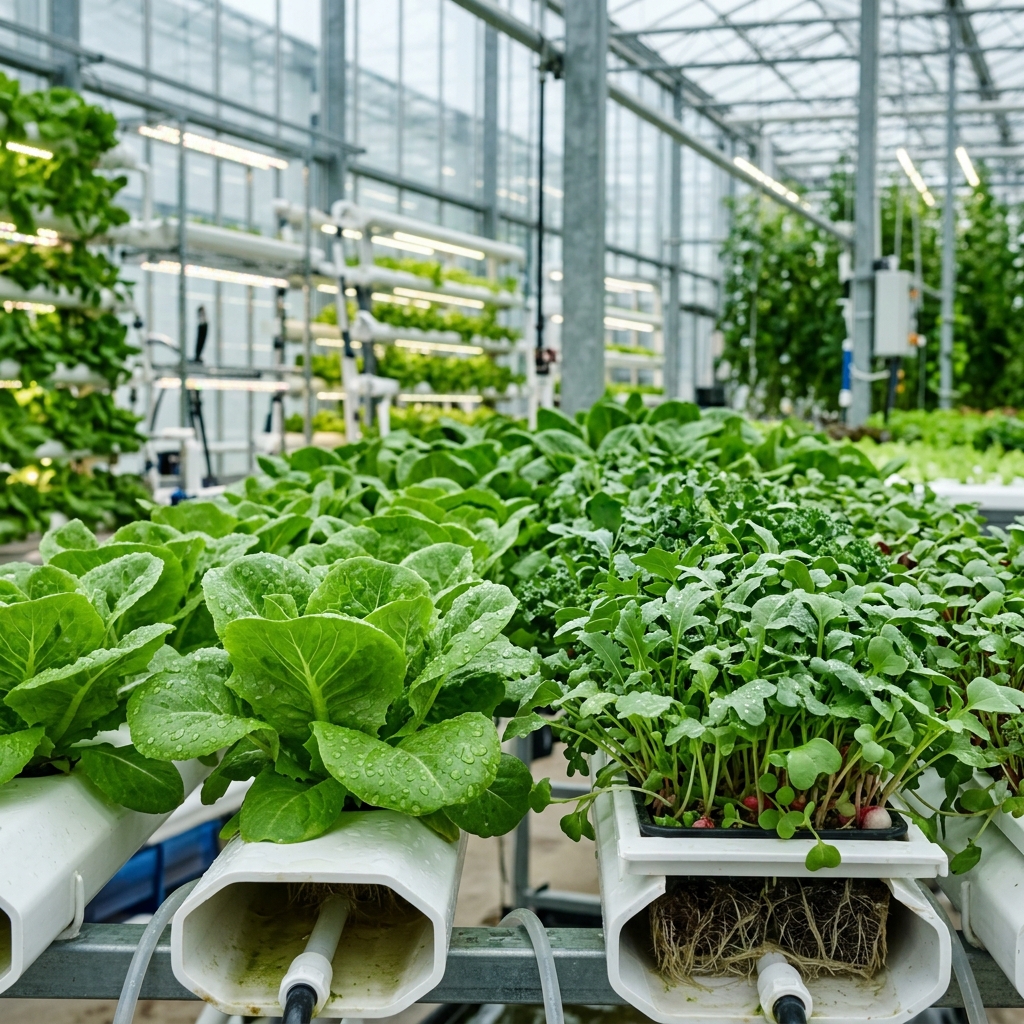 instalasi hidroponik tanaman sayur buah dalam green house pintar modern 2026