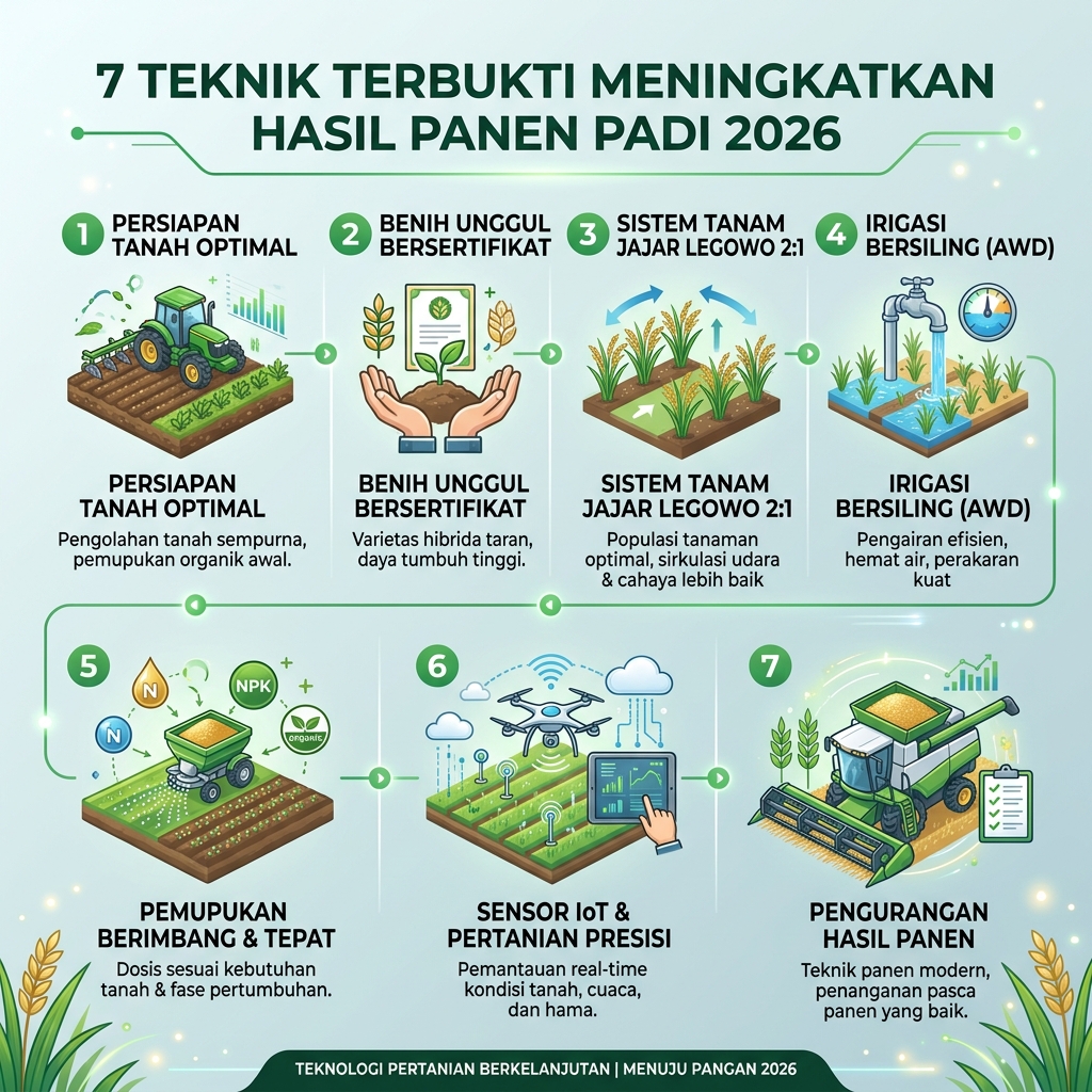 Infografis 7 Teknik Terbukti Cara Meningkatkan Hasil Panen Padi 2026 - Panduan Jajar Legowo 2:1, Irigasi Berselang AWD, Pemupukan NPK Berimbang & Harvest Loss Reduction
