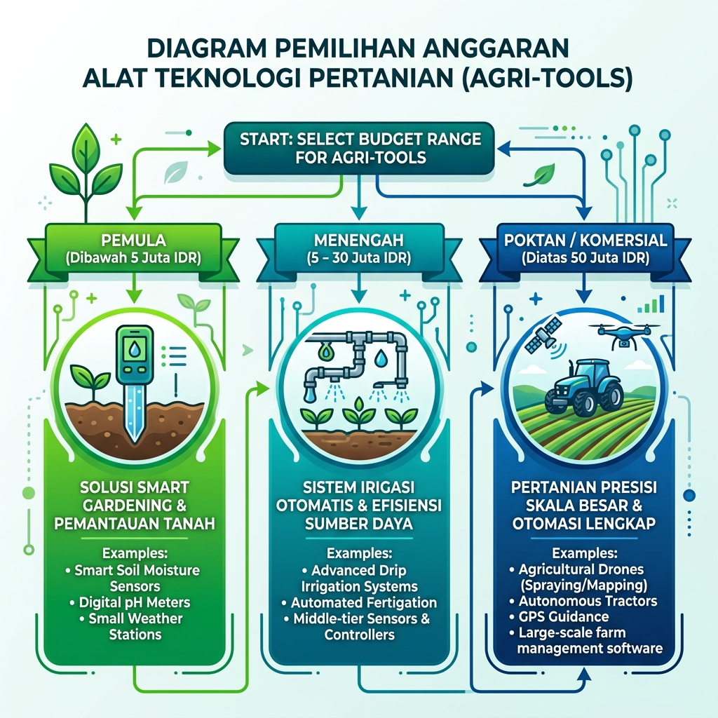 Infografis Bagan Alur Pemilihan Budget Agri-Tools 2026 - Pemula vs Menengah vs Poktan