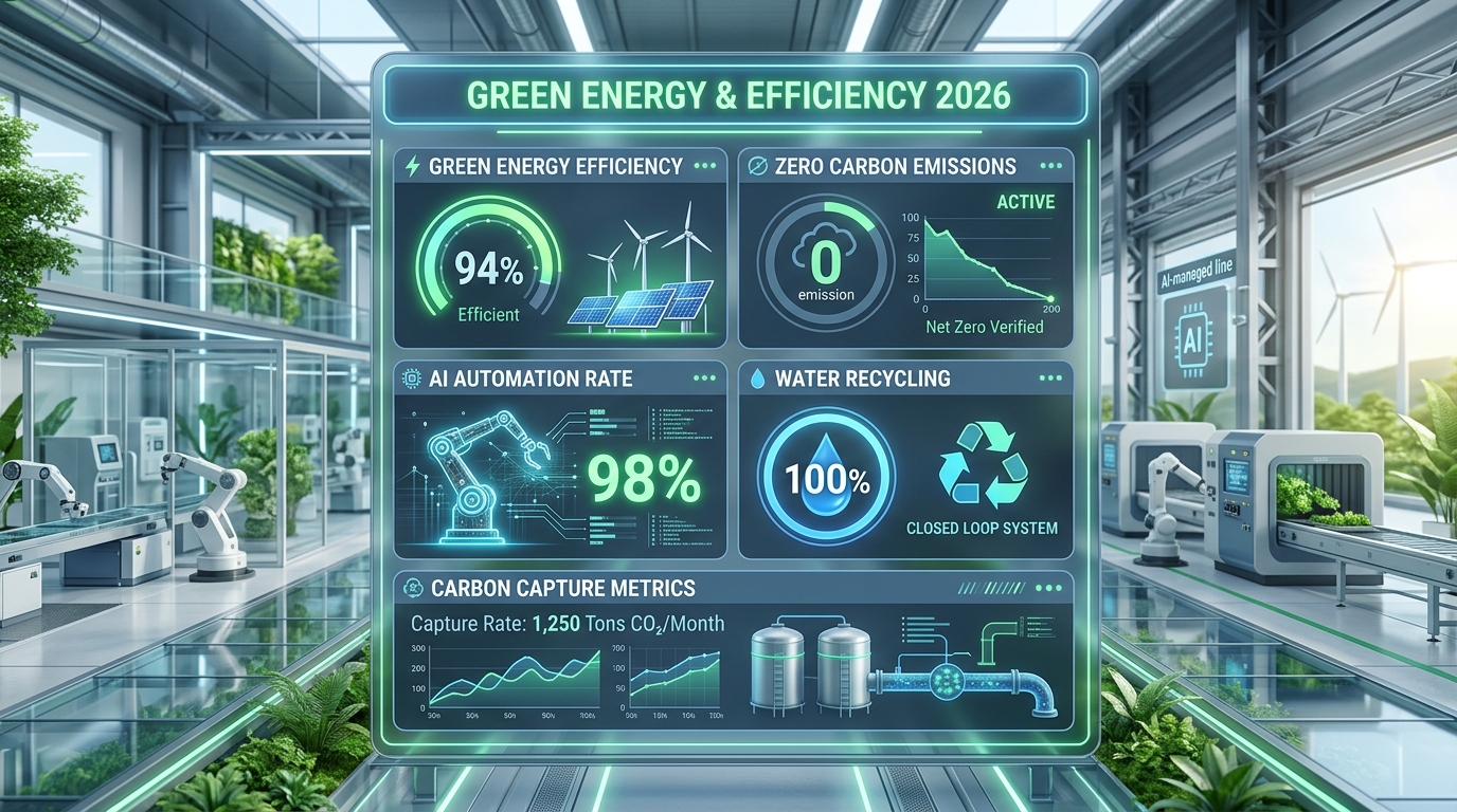 Infografis matriks efisiensi energi, daur ulang air, dan penurunan emisi karbon pada industrial plants 2026