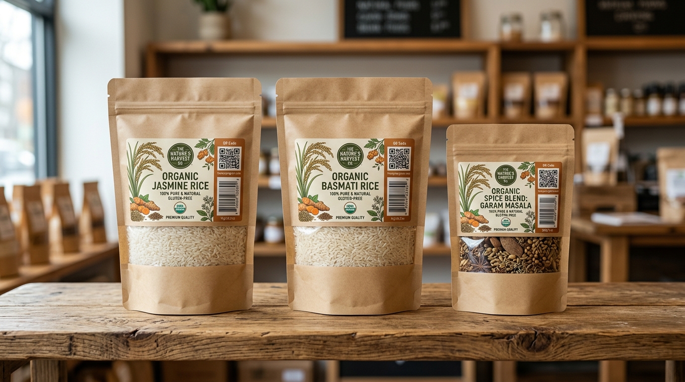 kemasan retail standing pouch beras organik dengan label brand premium dan qr code digital traceability