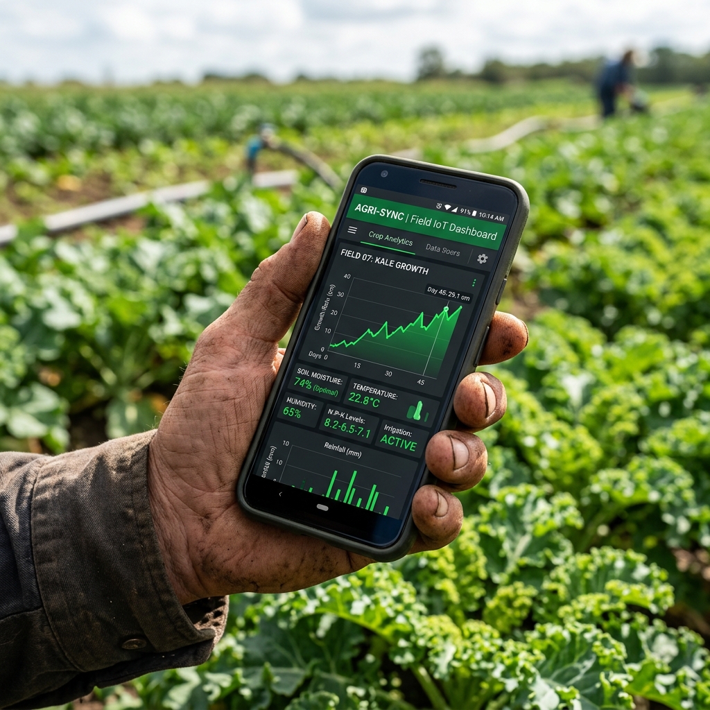 aplikasi dashboard IoT telemetry lahan pertanian pintar di layar smartphone 2026