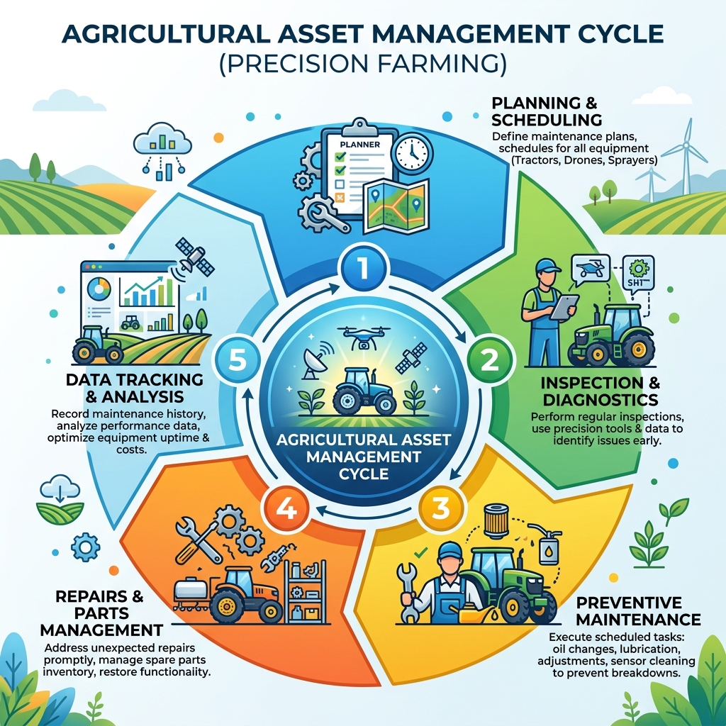 infografis asli siklus manajemen aset pertanian pintar agri tools 2026 pemetaan pengadaan pemantauan dan perawatan preventif