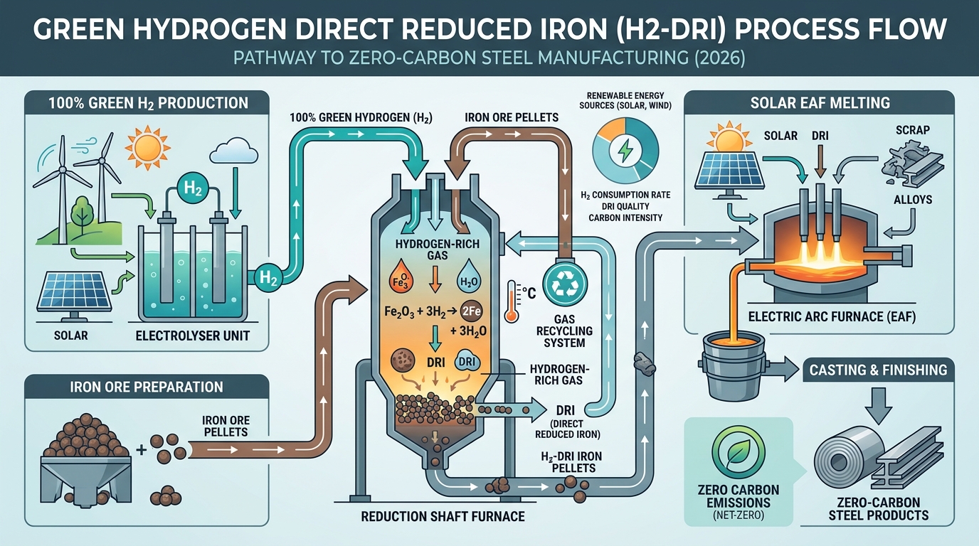 Skema Diagram Alur Proses Produksi Baja Hijau H2-DRI Tahun 2026: Hidrogen Hijau, Tungku Reduksi Shaft, dan Furnace Listrik Surya