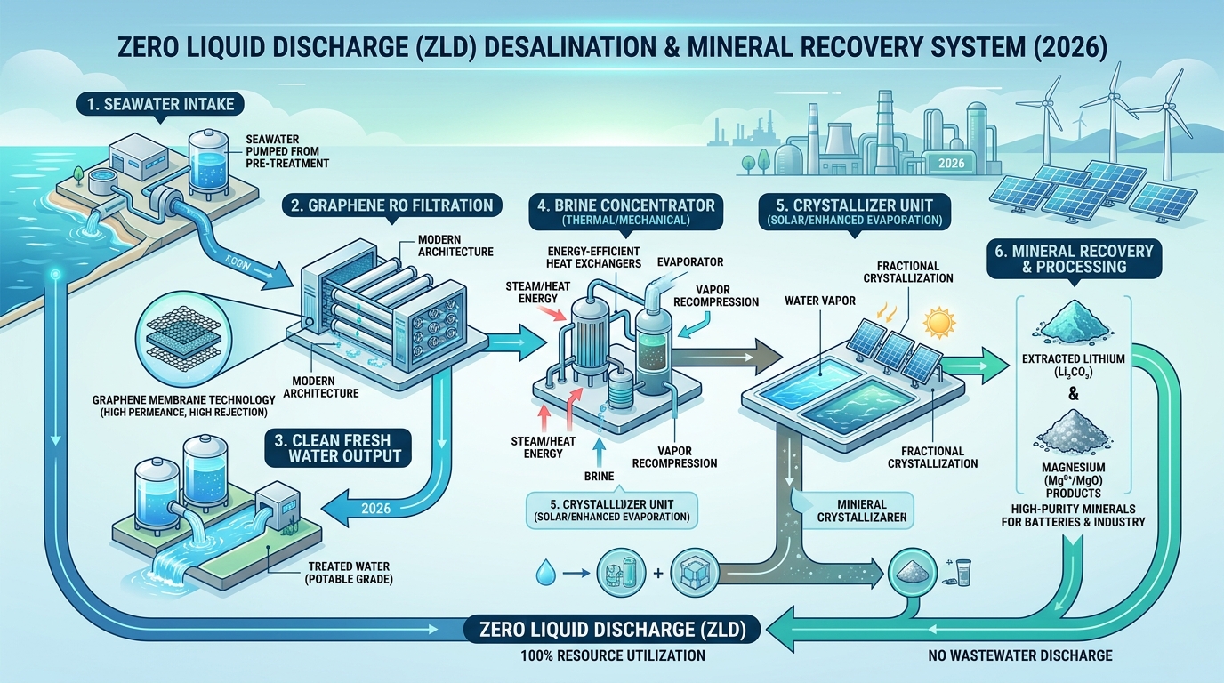 Skema Diagram Alur Proses Desalinasi ZLD dan Ekstraksi Mineral Litium Magnesium 2026