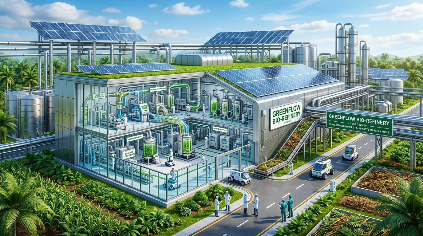 Fasilitas smart bio-refinery modern mengolah limbah sawit dan biomassa menjadi bio-fuel ramah lingkungan